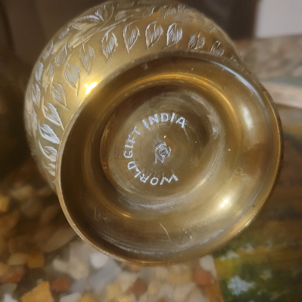 2 Vintage Engraved Brass‎ Pitcher Cruet Vase world gift 10" MCM India tea pot - Picture 11 of 13